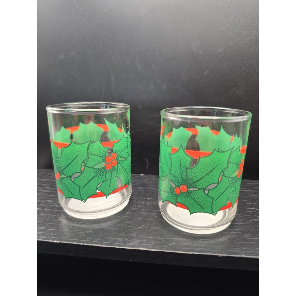 Indiana Glass Holly & Berries Votive Candle Holder Christmas Set Of 2.